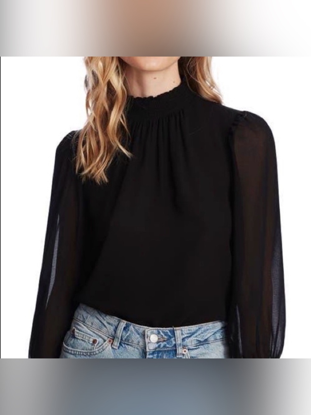 Aritzia Wilfred Long-Sleeve Smocked Neck Semi Sheer Blouse. Med